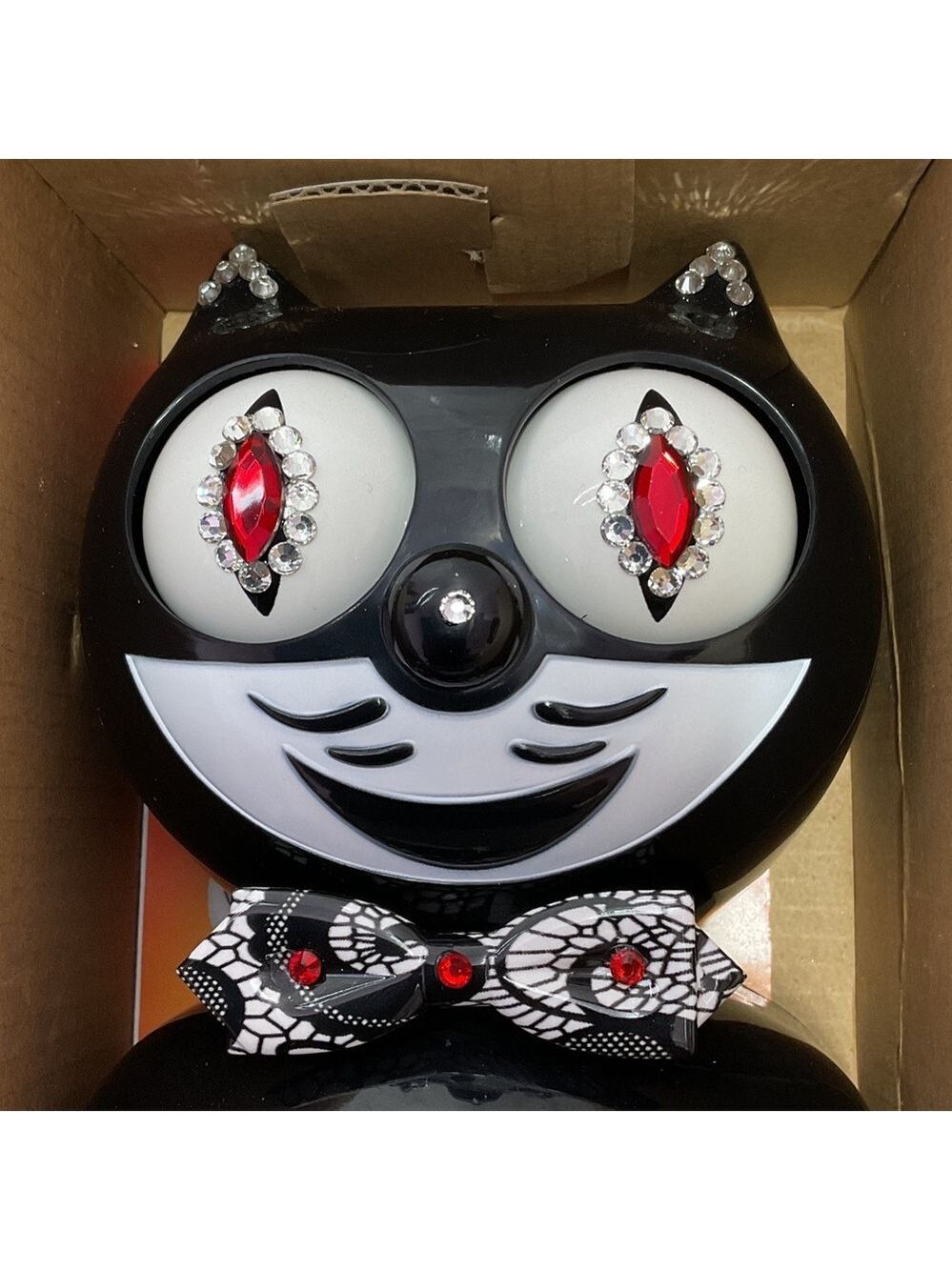 CUSTOM Jeweled Black Kit-Cat Klock clock with Chantilly lace tail and bow tie - Picture 1 of 7
